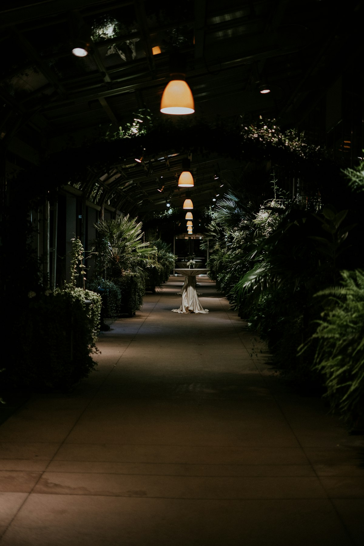 Dramatic elegant wedding venue with moody lighting and sophisticated dark-toned decor